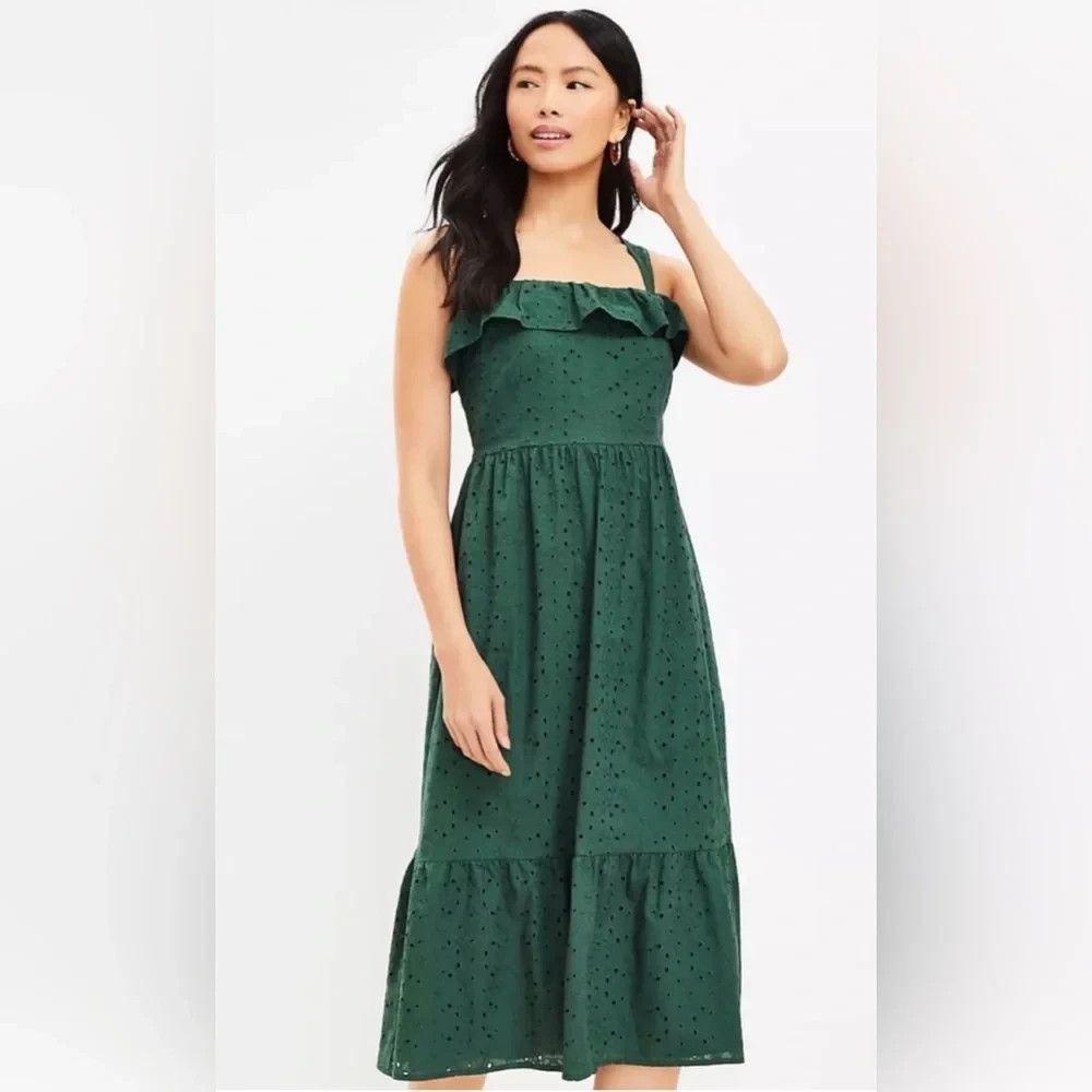 LOFT Dress Womens 8 Green Eyelet Tiered Midi Square Neck Ruffle Cottagecore